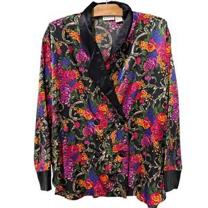 Vintage Kathryn | Silky Pajama Top Jacket Double Breasted Black Floral- Large